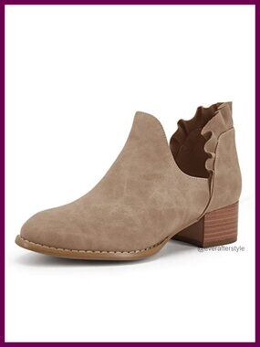 Ruffled Ankle Boots V Cut Out Pointed Toe Chunky Low Heel Western Booties